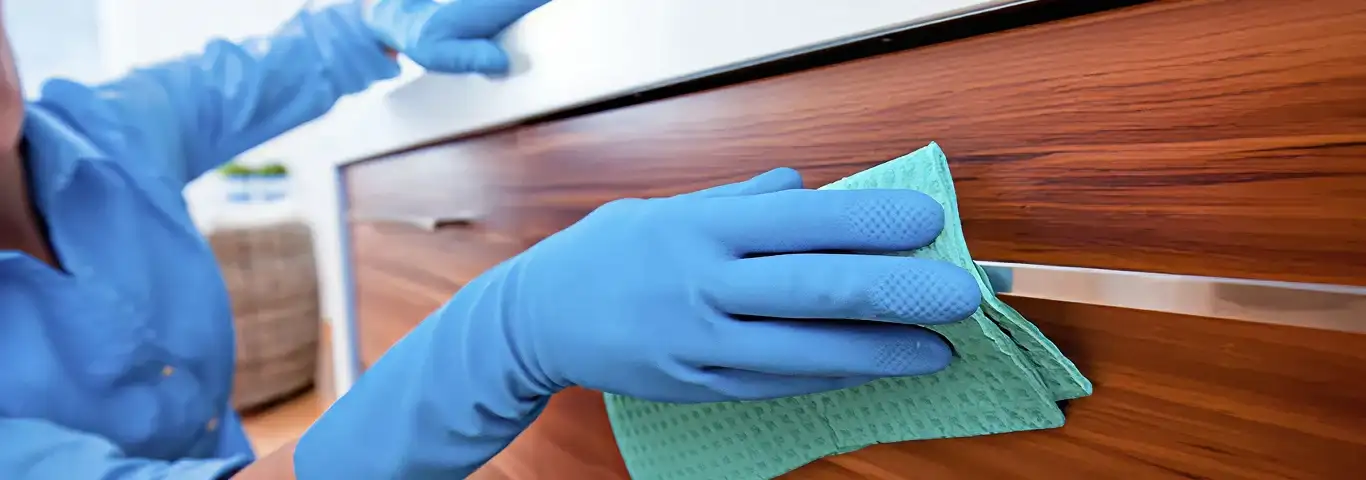 Cleaner wearing blue gloves wiping a wooden cabinet drawer with a microfiber cloth for dust and grime removal, Savannah, GA.