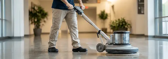 Professional technician using an industrial floor buffer to polish and maintain shiny commercial flooring in a corporate hallway in Savannah, GA.