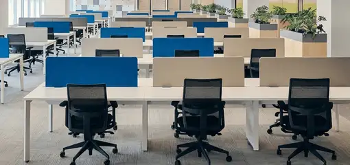 Modern open-plan office space featuring clean workstations, ergonomic chairs, and sanitized carpets provided by professional office cleaning services in Savannah, GA.