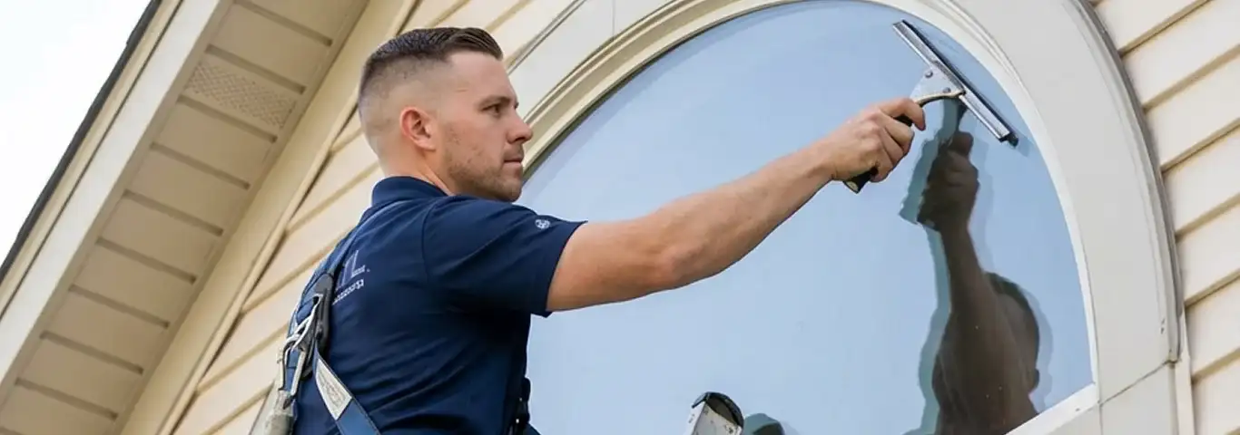 Professional window cleaner using a squeegee to clean an exterior arched window on a home, Savannah, GA.