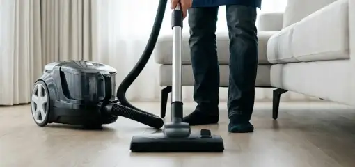 Professional house cleaner vacuuming a living room floor with a canister vacuum cleaner, Savannah, GA.