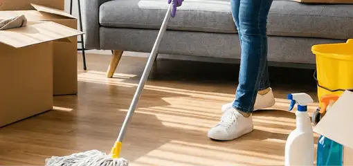 Move-out cleaning setup with a cleaner mopping hardwood floors near moving boxes and cleaning supplies, Savannah, GA.