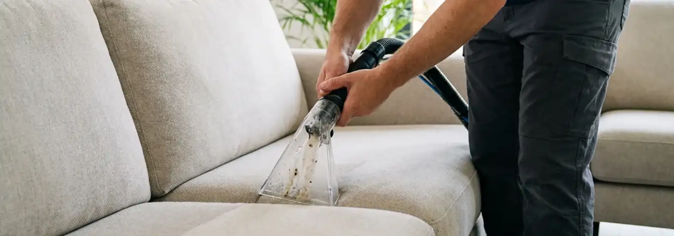 Technician extracting dirt and moisture from a fabric sofa with an upholstery cleaning wand, Savannah, GA.