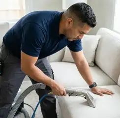 Professional upholstery cleaning technician using an extraction wand to deep-clean a fabric sofa, Savannah, GA.