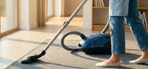 Person vacuuming a living room rug with a canister vacuum cleaner near large windows, Savannah, GA.